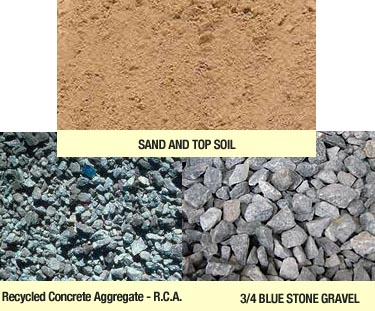 top soil, sand, blue stone gravel, recycled concrete aggegrate, RCA